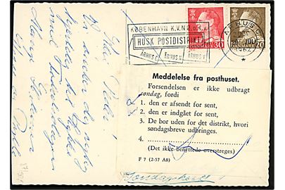20 øre og 30 øre Fr. IX på søndagsbrevkort fra Århus C d. 29.7.1962 (= søndag) til Viby J. Påsat meddelelse fra posthuset - F. 7 (2-57 A8) - vedr. kortet afsendt og indgået for sent til at blive udbragt søndag.