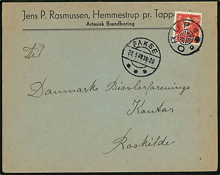 20 øre Chr. X på brev annulleret med stjernestempel ORUP og sidestemplet Fakse d. 23.3.1944 til Roskilde.