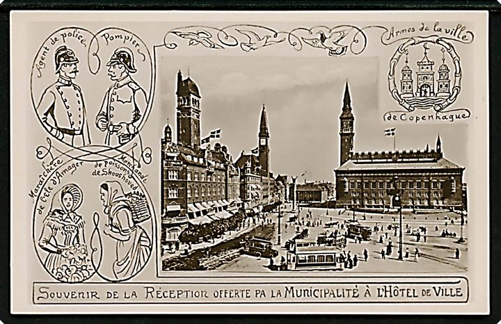 Kjøbenhavn XVI Internationale Pressekongres 1914. Tegnet kort (ukendt tegner) fra kongressen med motiv fra Rådhuspladsen.