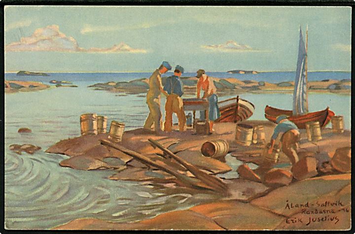 Åland, Saltvik. Fiskere på arbejde. tegnet af Erik Juselius. No. 6.