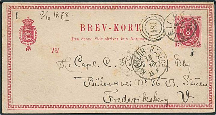 8 øre helsagsbrevkort skrevet ombord på dampskibet Jylland i Kieler Bugten og annulleret med kombineret nr.stempel 181/Sjæll.P.B. d. 18.10.1878 til Frederiksberg.