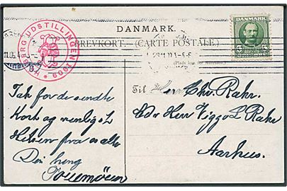 5 øre Fr. VIII på brevkort (Den Yngste) fra Kjøbenhavn d. 28.11.1909 til Aarhus. Udstillingsstempel: Heiberg Udstilling 1909.