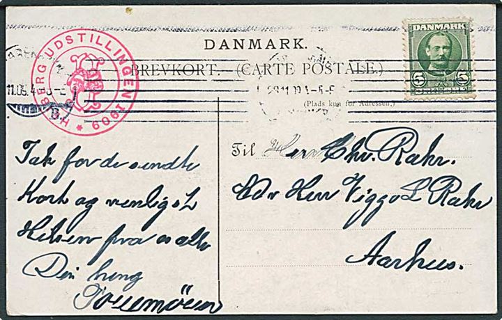5 øre Fr. VIII på brevkort (Den Yngste) fra Kjøbenhavn d. 28.11.1909 til Aarhus. Udstillingsstempel: Heiberg Udstilling 1909.