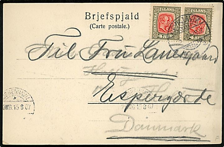 Island, Þingvellir, Almannagjá. G. Thorsteinsson & Co. u/no. Frankeret med 4 aur To Konger i parstykke fra Reykjavik d. 5.8.1907 via Kjøbenhavn til Espergærde. 