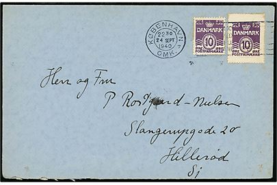 10 øre Bølgelinie (2) på brev fra København d. 24.9.1940 til Hillerød.