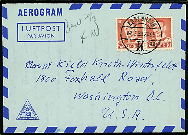 30 øre Fr. IX i parstykke på privat aerogram (Kronborg) fra København d. 14.2.1959 til Washington DC, USA.