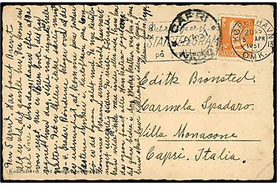 30 øre Fr. IX på brevkort fra København d. 5.4.1951 til Capri, Italien. Ank.stemplet d. 9.4.1951. Nusset.