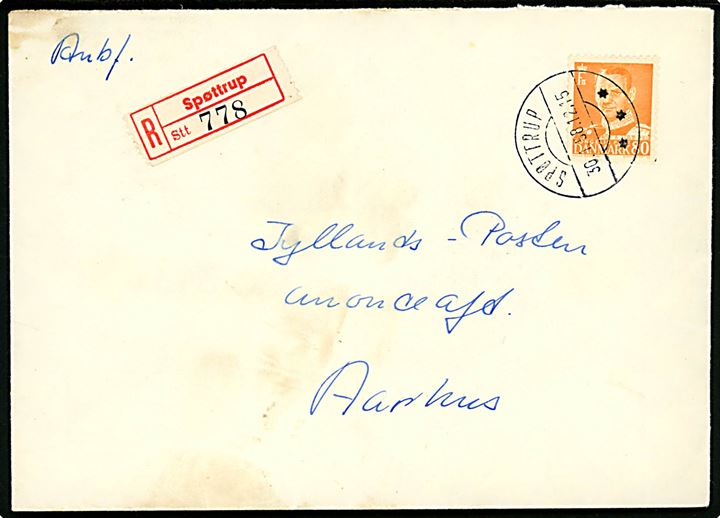 80 øre Fr. IX single på anbefalet brev fra Spøttrup d. 30.1.1958 til Aarhus.