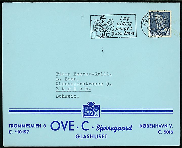 60 øre Fr. IX single på illustreret firmakuvert fra Ove C. Bjerregaard, Trommesalen stemplet København d. 18.2.1954 til Zürich, Schweiz.