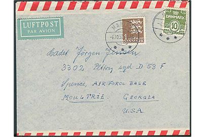 10 øre Bølgelinie og 1 kr. Rigsvåben på luftpostbrev fra Maribo d. 6.10.1952 til dansk pilot ved 3302 Trng. Sqd. 53F, Spence Air Force Base, Moultrie, USA.
