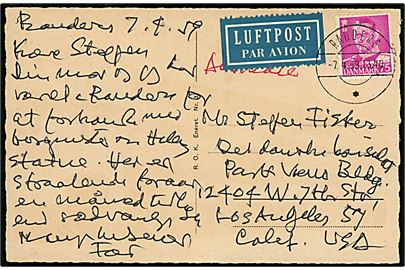 75 øre Fr. IX single på luftpost brevkort fra Randers d. 7.4.1959 til Los Angeles, USA.