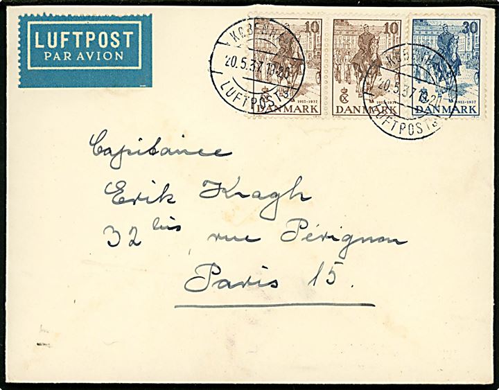 10 øre (par) og 30 øre Regentjubilæum på luftpostbrev annulleret brotype IId København Luftpost sn3 d. 20.5.1937 til Paris, Frankrig.