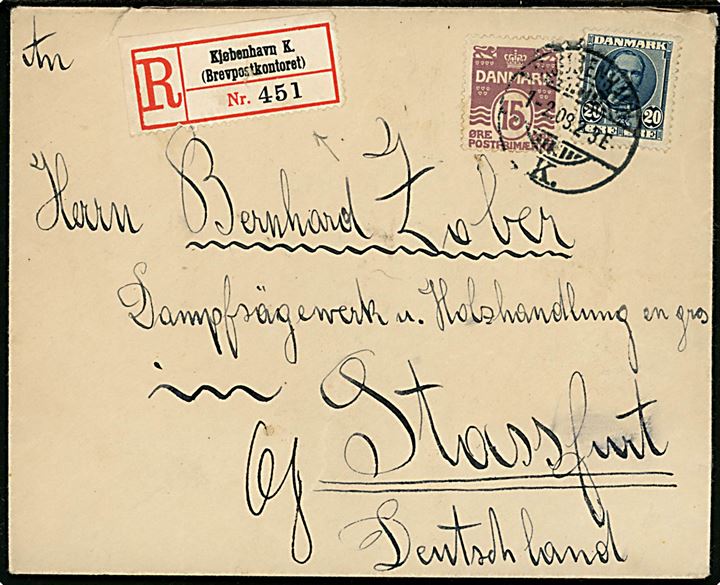 15 øre Bølgelinie og 20 øre Fr. VIII på anbefalet brev fra Kjøbenhavn d. 1.2.1908 til Staszfurt, Tyskland.