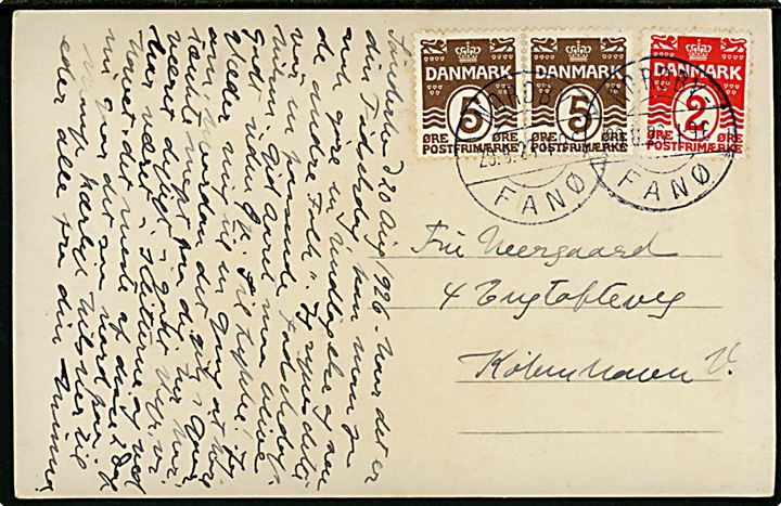 2 øre og 5 øre (2) Bølgelinie på brevkort dateret i Sønderho og annulleret brotype IIb Nordby Fanø d. 29.8.1926 til København.