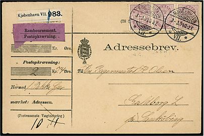 15 øre Våben (3) på 45 øre frankeret adressebrev for pakke med postopkrævning fra Kjøbenhavn *VII.* d. 3.3.1904 til Guldborg L. pr. Saxkjøbing. 