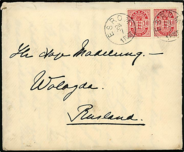 10 øre Våben i parstykke på brev med fuldt indhold annulleret med lapidar Esrom d. 24.7.1904 til Wolgoda, Rusland.
