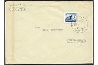 1 Ft. blå på brev fra Budapest d. 15.7.1960 til Odense. Mærkat for udstilling i Budapest på bagsiden.