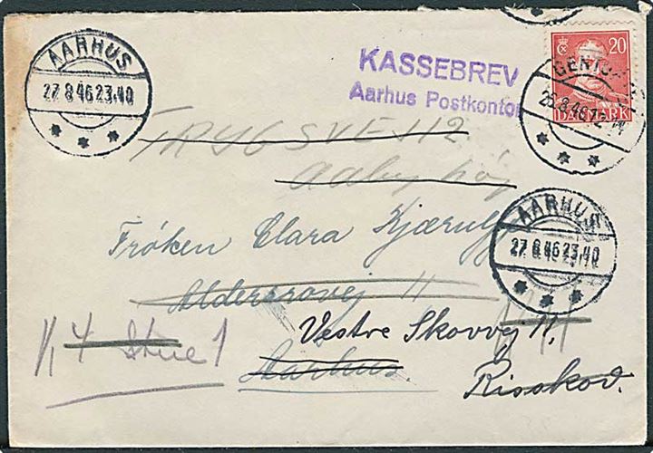 20 øre Chr. X på brev fra Gentofte d. 26.8.1948 til Aarhus. Omadresseret til Aabyhøj og Risskov med violet stempel: Kassebrev Aarhus Postkontor.