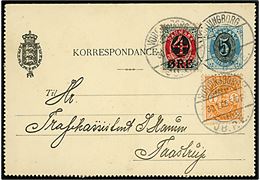 5/4 øre provisorisk helsags korrespondancekort opfrankeret med 1 øre Våben og 4/8 øre Provisorium annulleret brotype Ia Vordingborg JB.P.E. d. 30.1.1905 til Taastrup.