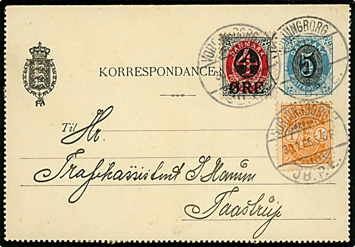 5/4 øre provisorisk helsags korrespondancekort opfrankeret med 1 øre Våben og 4/8 øre Provisorium annulleret brotype Ia Vordingborg JB.P.E. d. 30.1.1905 til Taastrup.