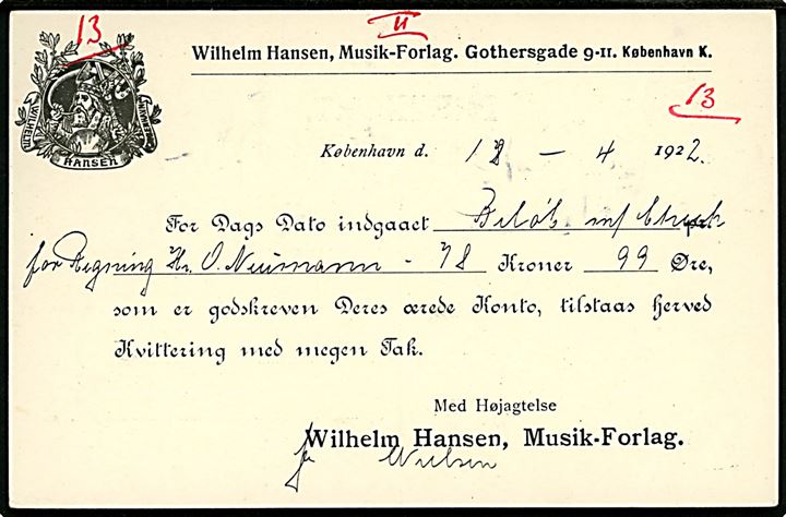 8 øre Chr. X helsagsbrevkort (fabr. 63-I) opfrankeret med 1 øre (par) og 5 øre Bølgelinie med perfin W.H. fra firma Wilhelm Hansen's Musikforlag i København d. 18.4.1922 til Skive.