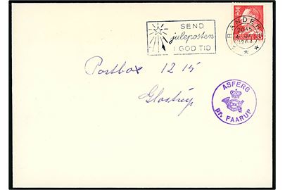 35 øre Fr. IX på brev annulleret Randers d. 4.12.1964 og sidestemplet violet posthornstempel ASFERG pr. FAARUP til Glostrup.