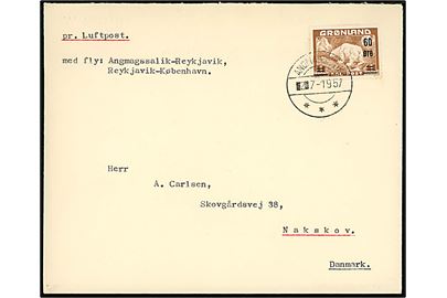 60 øre/1 kr. Provisorium på luftpostbrev påskrevet med fly: Angmagssalik-Reykjavik / Reykjavik-København stemplet Angmagssalik d. 2.7.1957 til Nakskov, Danmark.