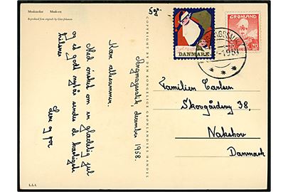 20 øre Chr. X og DANSK Julemærke 1958 på brevkort (Gitz-Johansen: Moskusokse) påskrevet 5 gr. fra Angmagssalik d. 3.12.1958 til Nakskov.