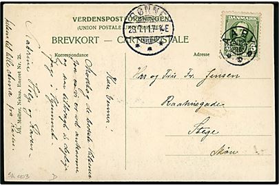 5 øre Fr. VIII på brevkort (Sejlskib ved Rønne Havnemole med havnefyr) annulleret med stjernestempel AABY og sidestemplet Rønne d. 28.7.1911 til Stege.