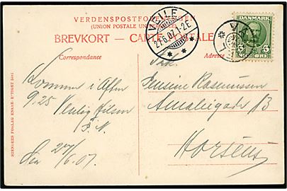 5 øre Fr. VIII på brevkort annulleret med stjernestempel VANDEL og sidestemplet Veile d. 27.6.1907 til Horsens. 