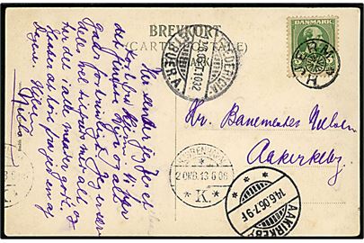5 øre Chr. IX på brevkort (Hjerm Kalkværk) annulleret med stjernestempel HJERM og sidestemplet bureau Fredericia - Struer.A. T.1032 d. 12.6.1906 via Kjøbenhavn til Aakirkeby på Bornholm.