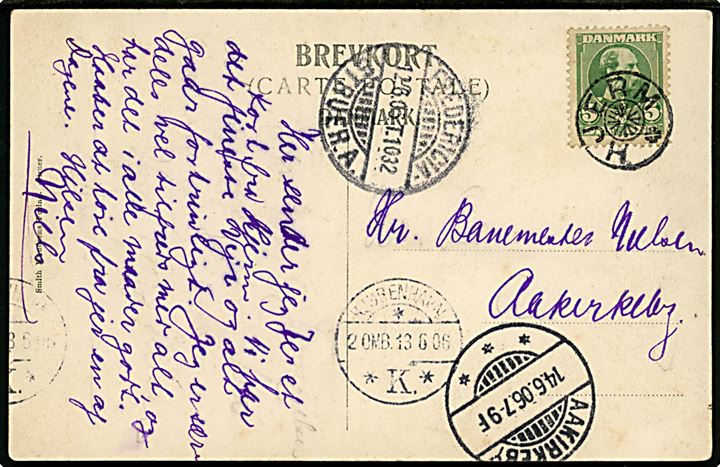 5 øre Chr. IX på brevkort (Hjerm Kalkværk) annulleret med stjernestempel HJERM og sidestemplet bureau Fredericia - Struer.A. T.1032 d. 12.6.1906 via Kjøbenhavn til Aakirkeby på Bornholm.