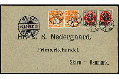 1 øre Bølgelinie (par) og 4/8 øre Provisorium (par) på brev annulleret med stjernestempel FUR og sidestemplet bureau Skive - Nykøbing T.1170 d. 27.1.1914 til Skive.