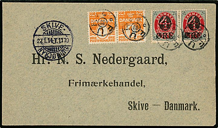 1 øre Bølgelinie (par) og 4/8 øre Provisorium (par) på brev annulleret med stjernestempel FUR og sidestemplet bureau Skive - Nykøbing T.1170 d. 27.1.1914 til Skive.