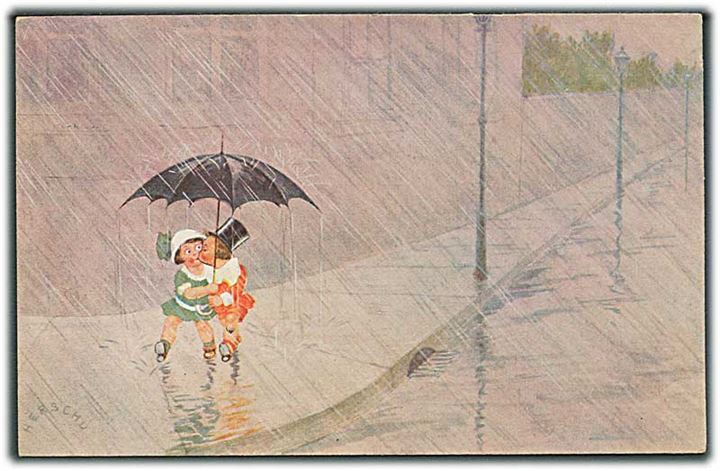 Herschu: Børn i regnvejr under en stor paraply. A. M. V. No. 1204. Anvendt i København. 