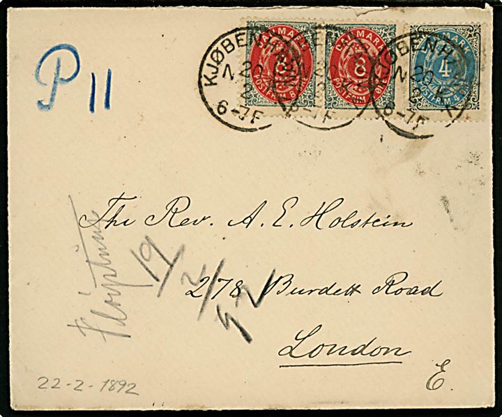 4 øre og 8 øre (par) Tofarvet på brev annulleret med lapidar kassetømningsstempel Kjøbenhavn V. N.K.  d. 20.2.1892 til London, England. Ank.stemplet i London d. 22.2.1892.