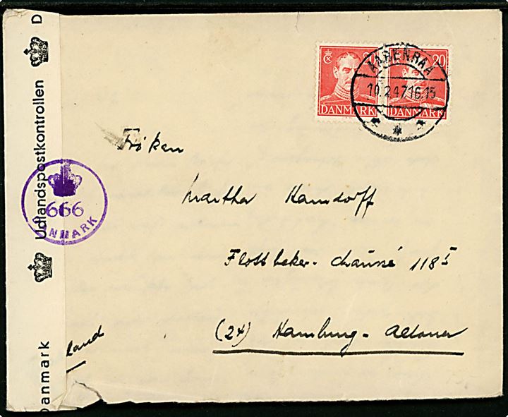 20 øre Chr. X i parstykke på brev fra Aabenraa d. 10.2.1947 til Hamburg, Tyskland. Åbnet af dansk efterkrigscensur (krone)/666/Danmark.
