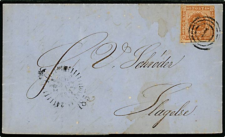 4 sk. 1854 udg. på brev annulleret med nr.stempel og sidestemplet med kompasstempel Kjøbenhavn d. 1.9.1857 til Slagelse.