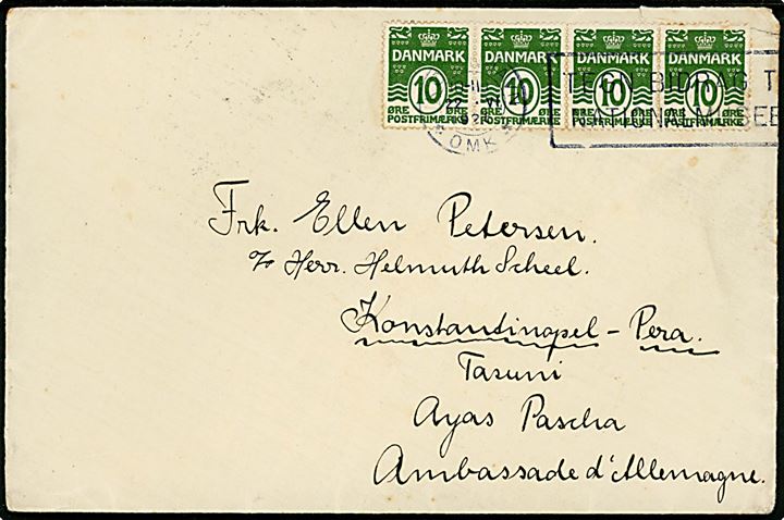 10 øre Bølgelinie i 4-stribe på brev fra København d. 22.6.1925 til Konstantinopel, Tyrkiet. 