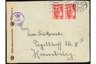 20+5 øre Børneforsorg i parstykke på brev fra Aarhus d. 4.4.1946 til Hamburg, Tyskland. Åbnet af dansk efterkrigscensur (krone)/689/Danmark. Afkortet i toppen.