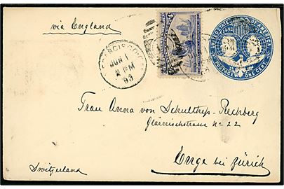 1 cent Columbus Landing helsagskuvert opfrankeret med 4 cents Columbus Landing fra San Francisco d. 1.6.1893 via New York til Enge bei Zürich, Schweiz. Påskrevet via England.