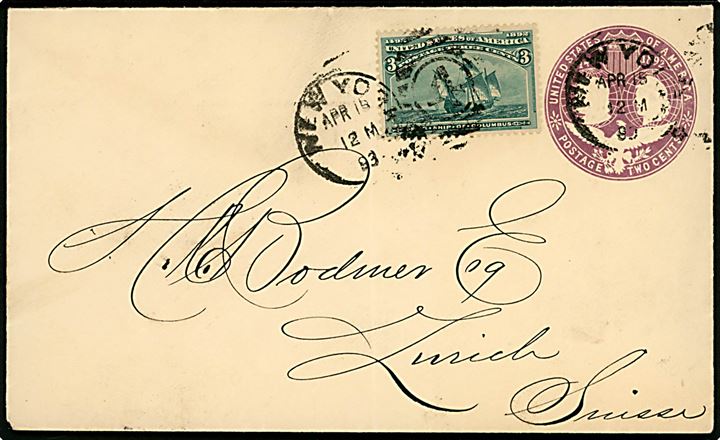 2 cents Columbus Landing helsagskuvert opfrankeret med 3 cents Columbus Landing fra New York d. 15.4.1893 til Zürich, Schweiz.