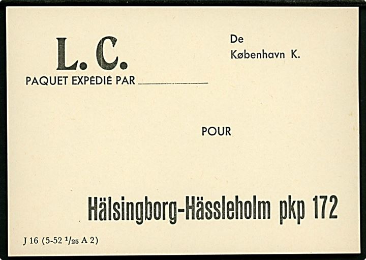 Brevbundt vignet - J16 (5-52 1/25 A2) - fra København K. med L.C. til svensk bureau Hälsingborg-Hässleholm pkp 172.