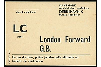 Brevbundt vignet - J16 (1-66 A7) - fra København K. med LC til London Forward G.B.