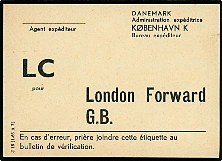Brevbundt vignet - J16 (1-66 A7) - fra København K. med LC til London Forward G.B.