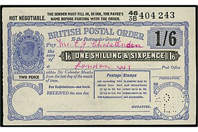 George VI: 1 Shilling & 6 Pence postal order.