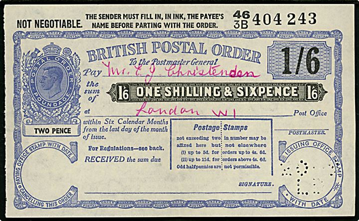 George VI: 1 Shilling & 6 Pence postal order.
