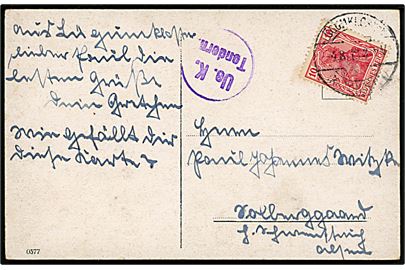 10 pfg. Germania på brevkort annulleret Lügumkloster (Kr. Tondern) d. 4.8.1918. Violet censurstempel: Ue. K. Tondern.