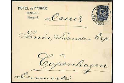 10 kop. Våben på brev fra Hotel de France Renault i Petrograd d. 12.5.1915 til København, Danmark. Åbnet af russisk censur i Petrograd.
