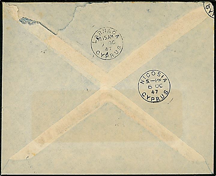 20 mills single på luftpostbrev fra Rishon le Tsiyon d. 3.10.1947 til Larnaca, Cypern. På bagsiden stempler fra både Nicosia og Larnaca.